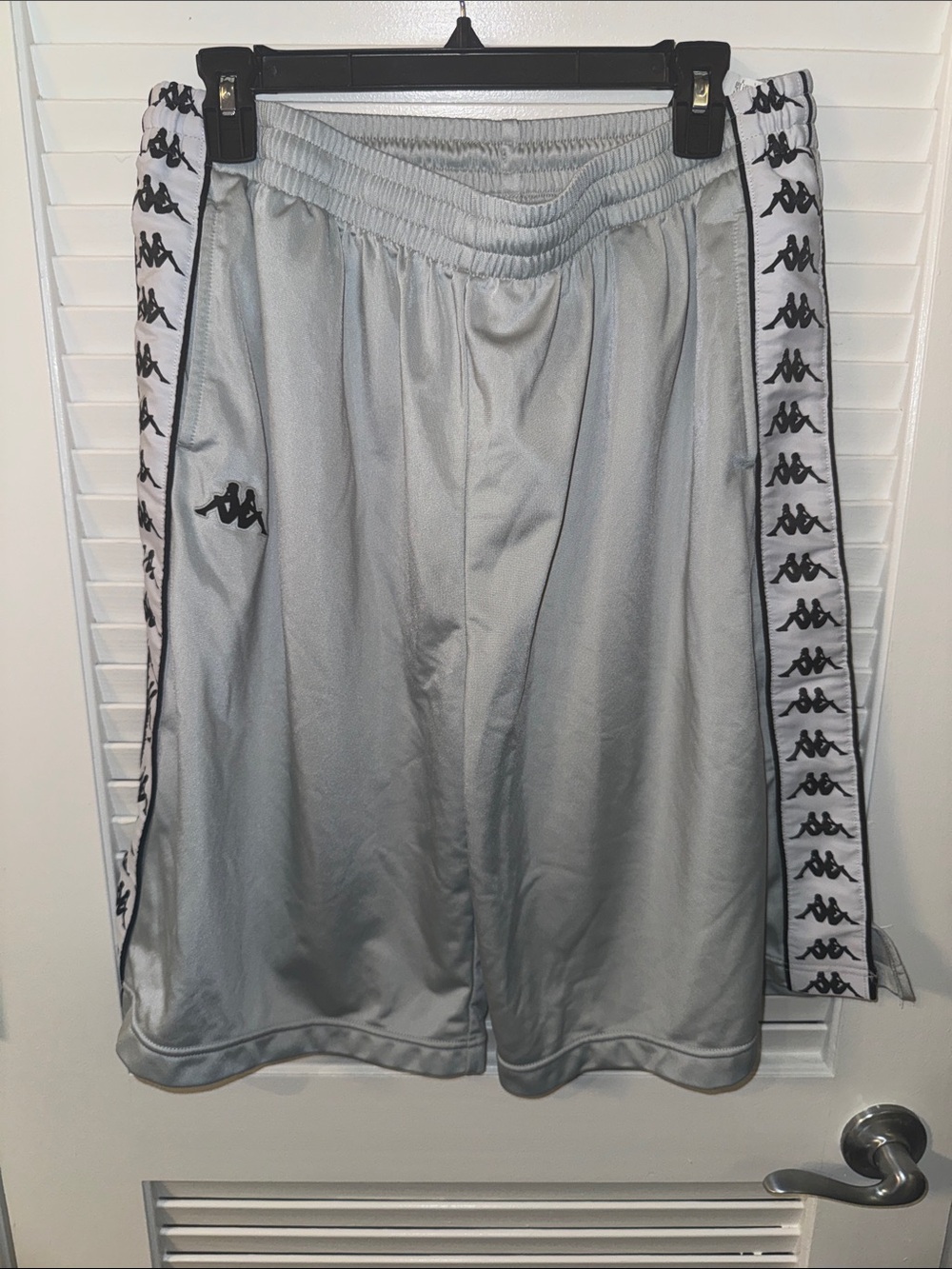 Kappa Men’s Silver Athletic Shorts with Black Logo Tapestry down sides!